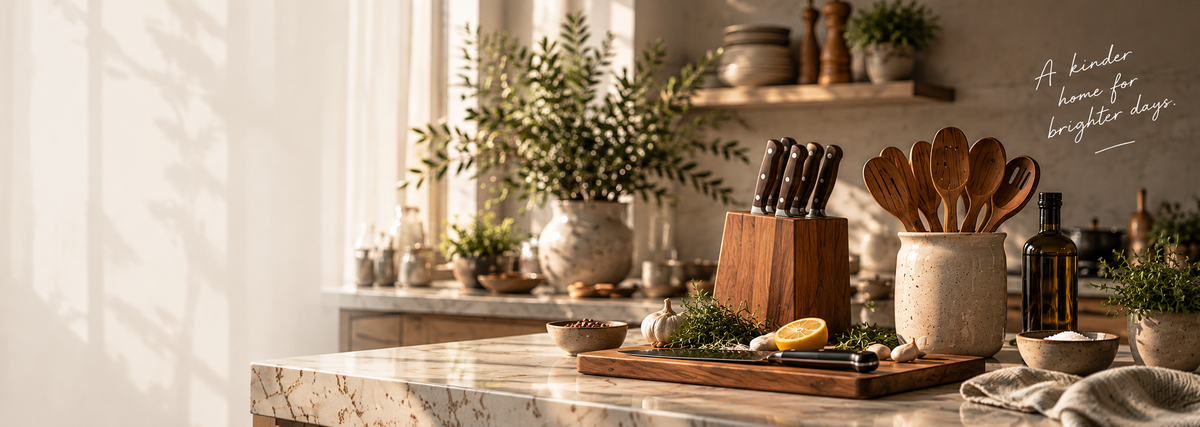 Warm kitchenware arranged in a welcoming home kitchen